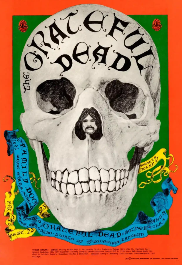 Grateful Dead 1967 Denver, CO "the Head" Concert Poster featuring red, cream, and deep green vertical artwork.