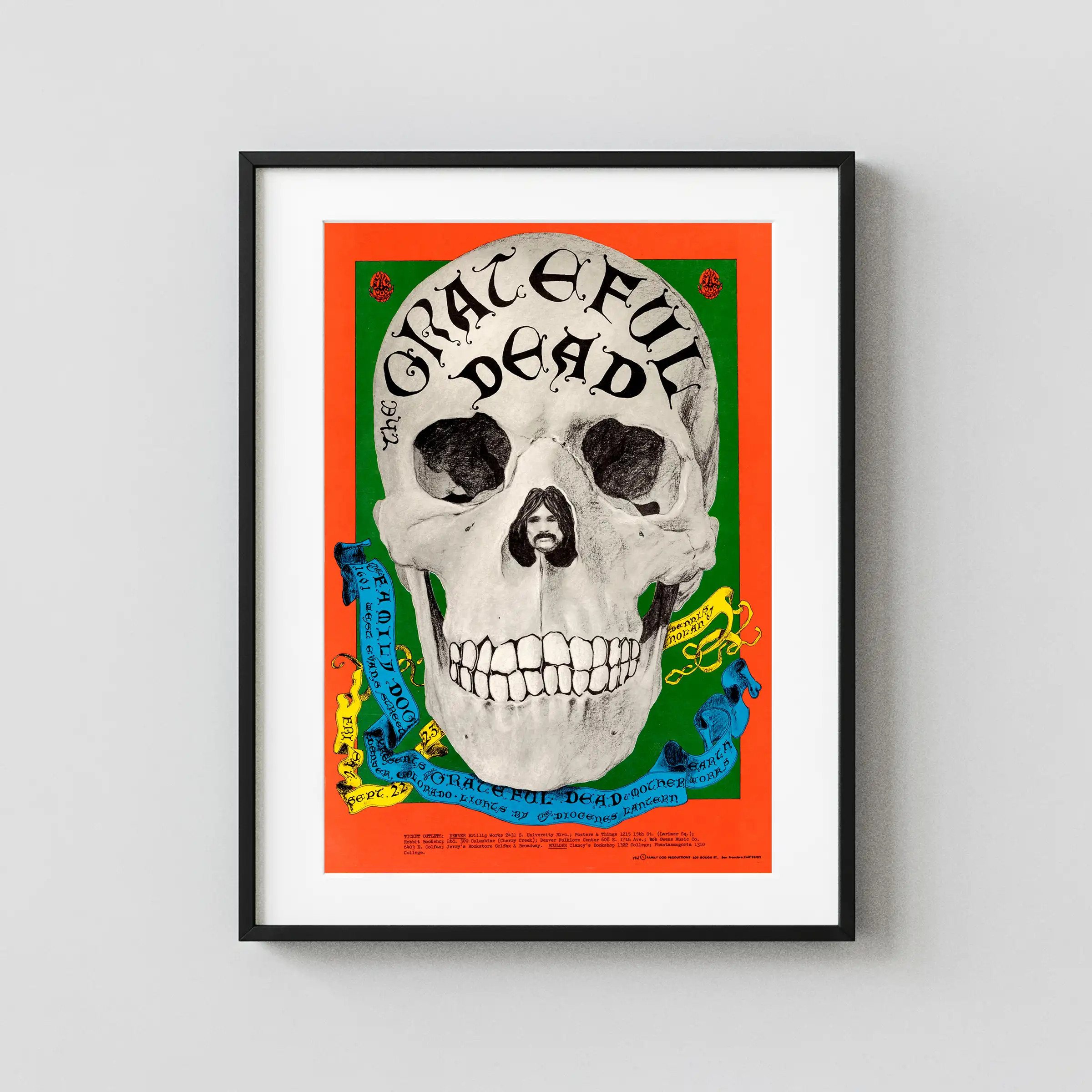 Grateful Dead 1967 Denver, CO "the Head" Concert Poster featuring red, cream, and deep green vertical artwork.