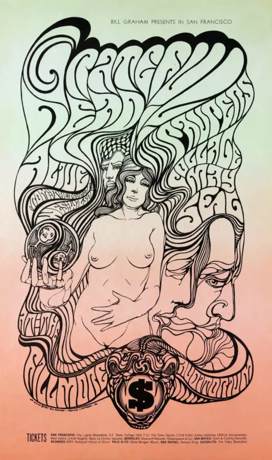 Grateful Dead 1967 Fillmore Auditorium Concert Poster featuring light gray, orange, and gray vertical artwork.