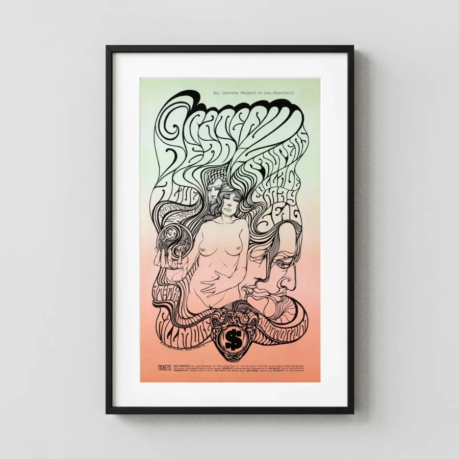 Grateful Dead 1967 Fillmore Auditorium Concert Poster featuring light gray, orange, and gray vertical artwork.
