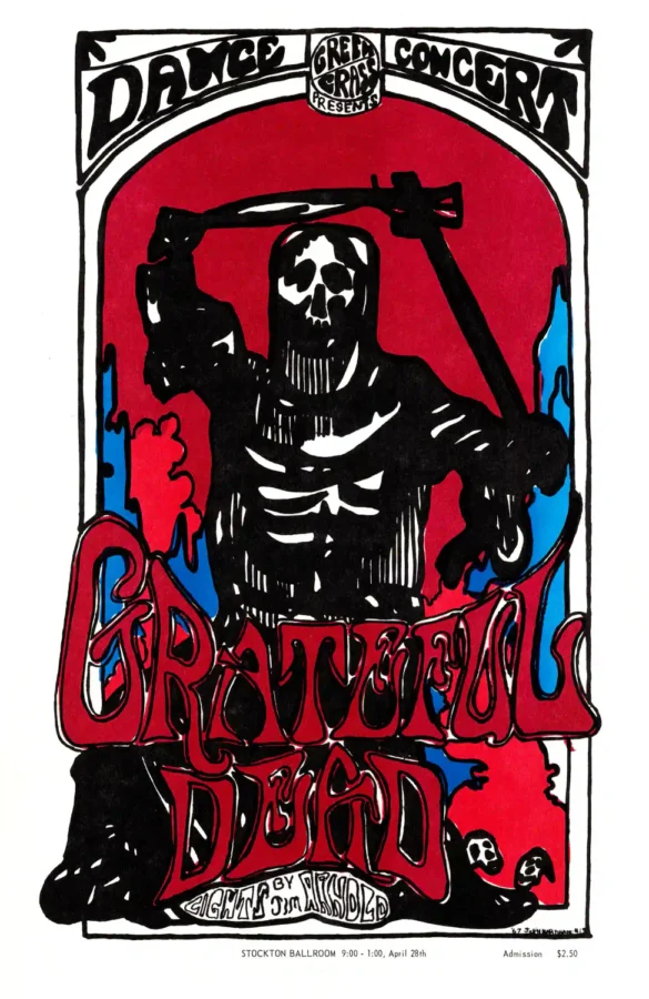 Grateful Dead 1967 Stockton, CA Small-Town Concert Poster featuring white, black, and red vertical artwork.