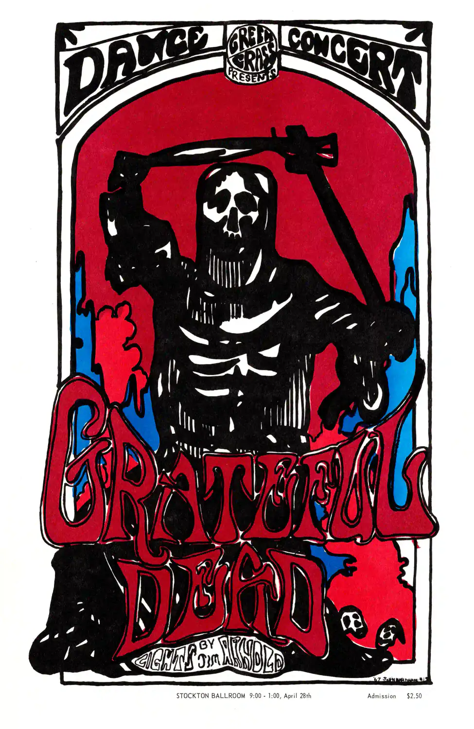Grateful Dead 1967 Stockton, CA Small-Town Concert Poster featuring white, black, and red vertical artwork.