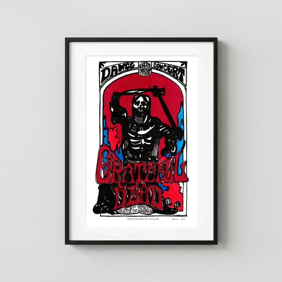 Grateful Dead 1967 Stockton, CA Small-Town Concert Poster featuring white, black, and red vertical artwork.