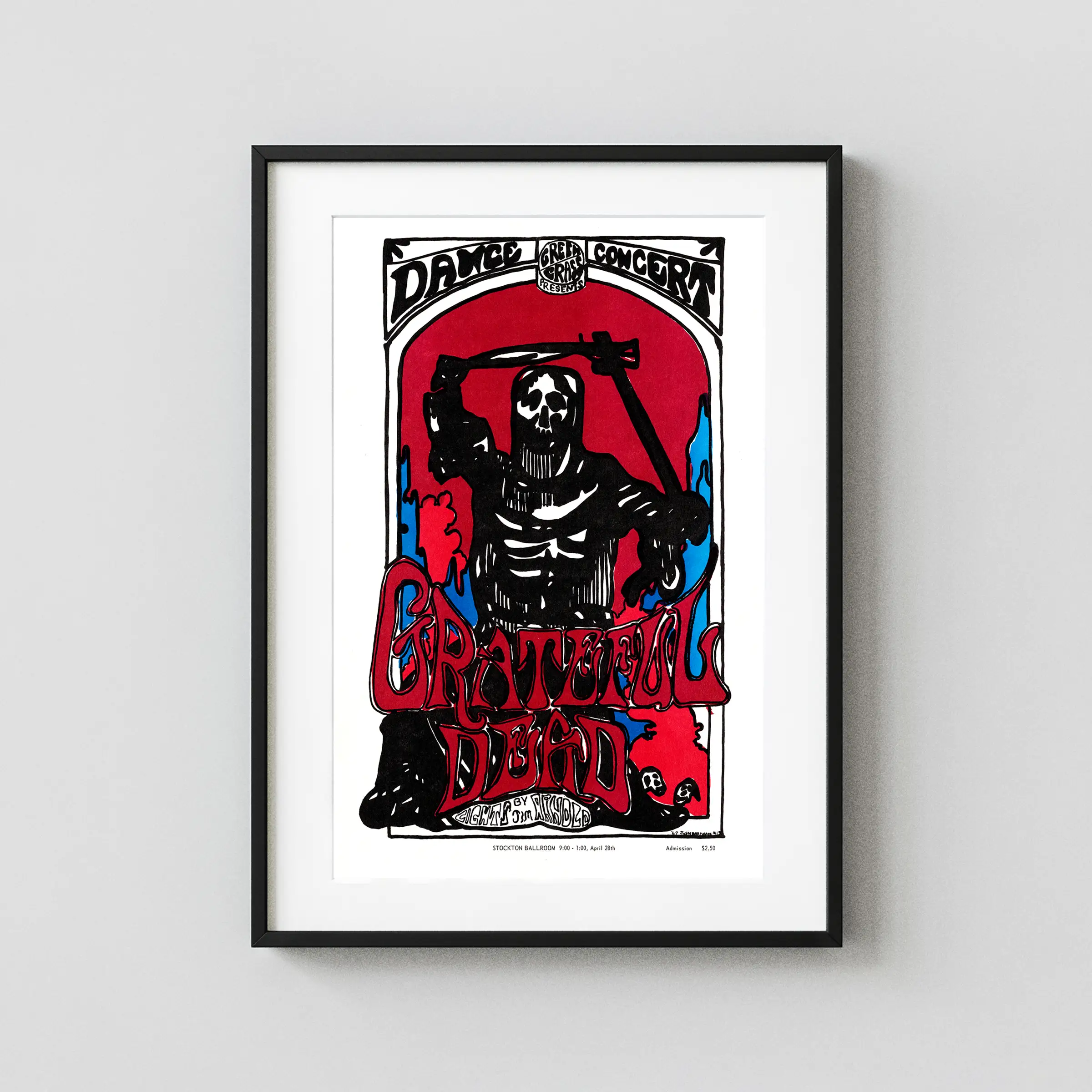 Grateful Dead 1967 Stockton, CA Small-Town Concert Poster featuring white, black, and red vertical artwork.
