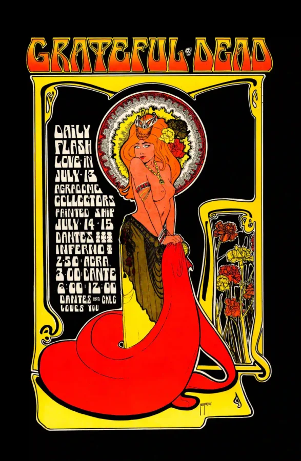 Grateful Dead 1967 Vancouver, B.C. Dante's Inferno Poster featuring black, red, and white vertical artwork.