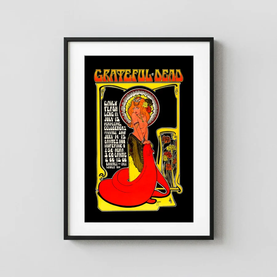 Grateful Dead 1967 Vancouver, B.C. Dante's Inferno Poster featuring black, red, and white vertical artwork.