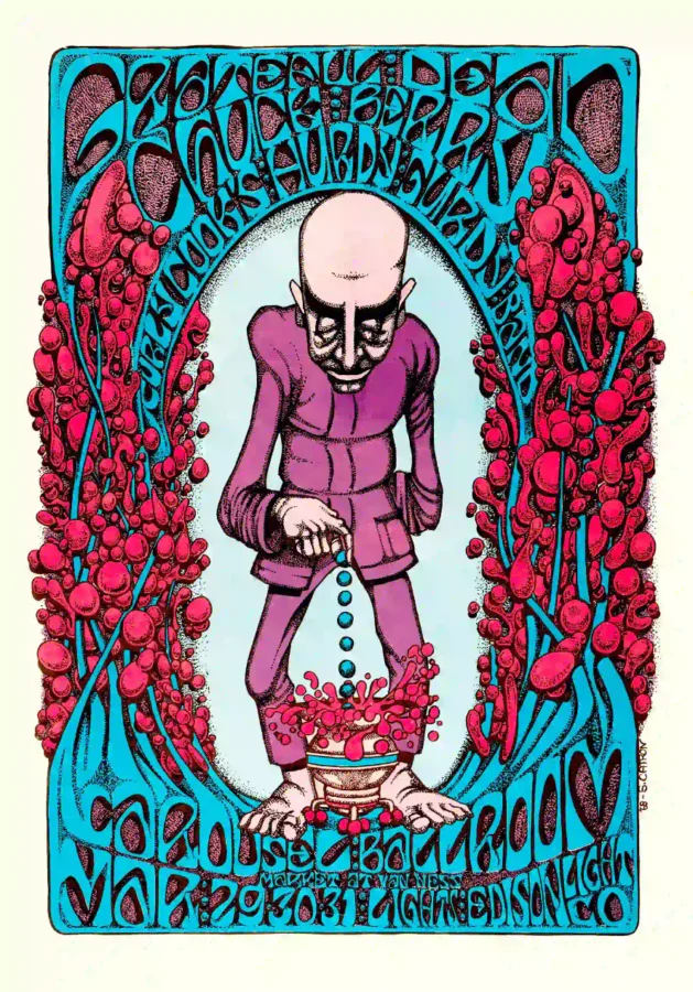Grateful Dead 1968 "Berry Dropper" Carousel Ballroom Concert Poster featuring white, teal, and blue vertical artwork.