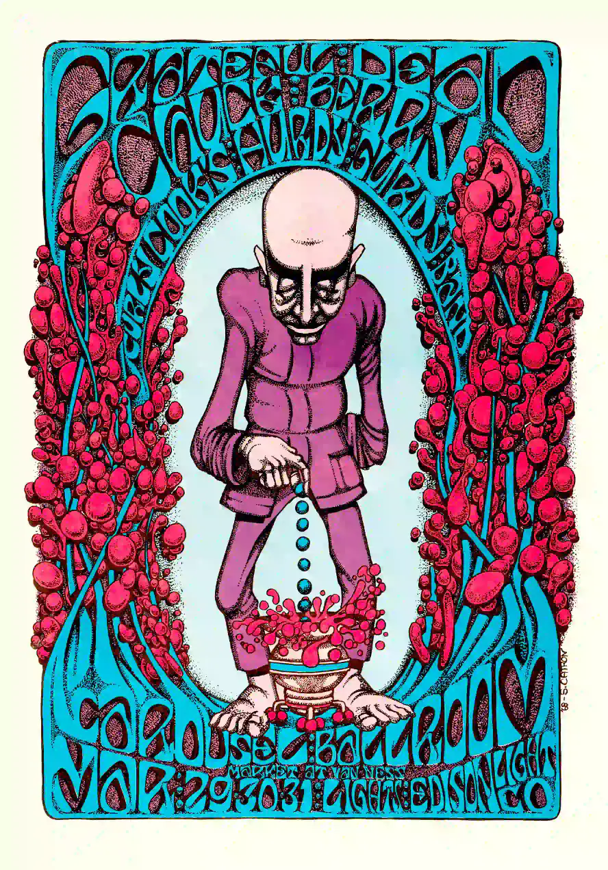 Grateful Dead 1968 "Berry Dropper" Carousel Ballroom Concert Poster featuring white, teal, and blue vertical artwork.