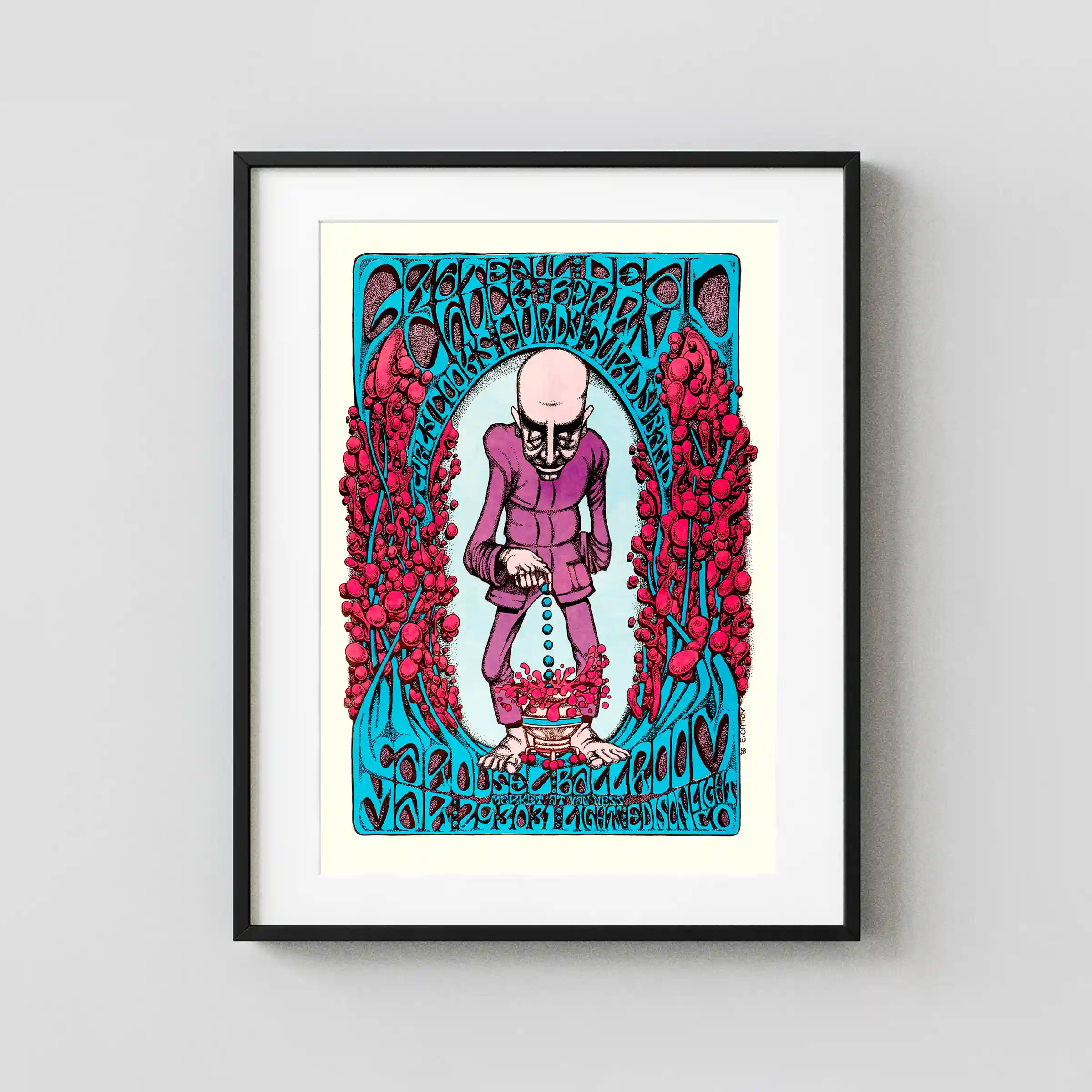 Grateful Dead 1968 "Berry Dropper" Carousel Ballroom Concert Poster featuring white, teal, and blue vertical artwork.