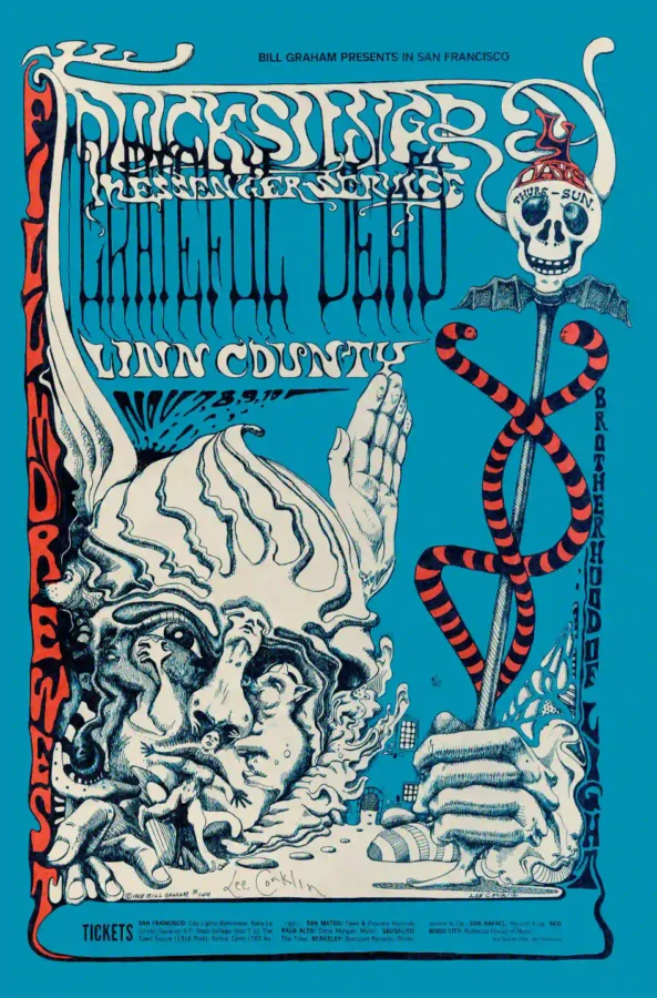 Grateful Dead 1968 Fillmore West Concert Poster featuring blue, gray, and white vertical artwork.
