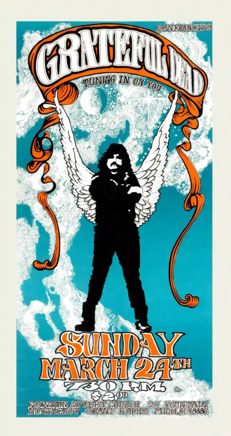 Grateful Dead 1968 Grand Rapids, MI "Winged Pigpen" Concert Poster featuring light gray, blue, and black vertical artwork.