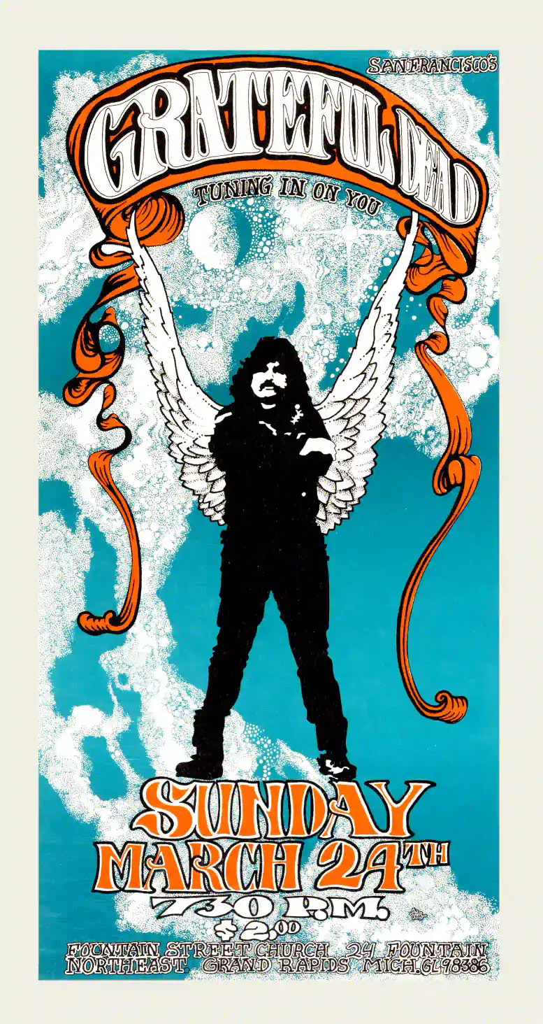 Grateful Dead 1968 Grand Rapids, MI "Winged Pigpen" Concert Poster featuring light gray, blue, and black vertical artwork.