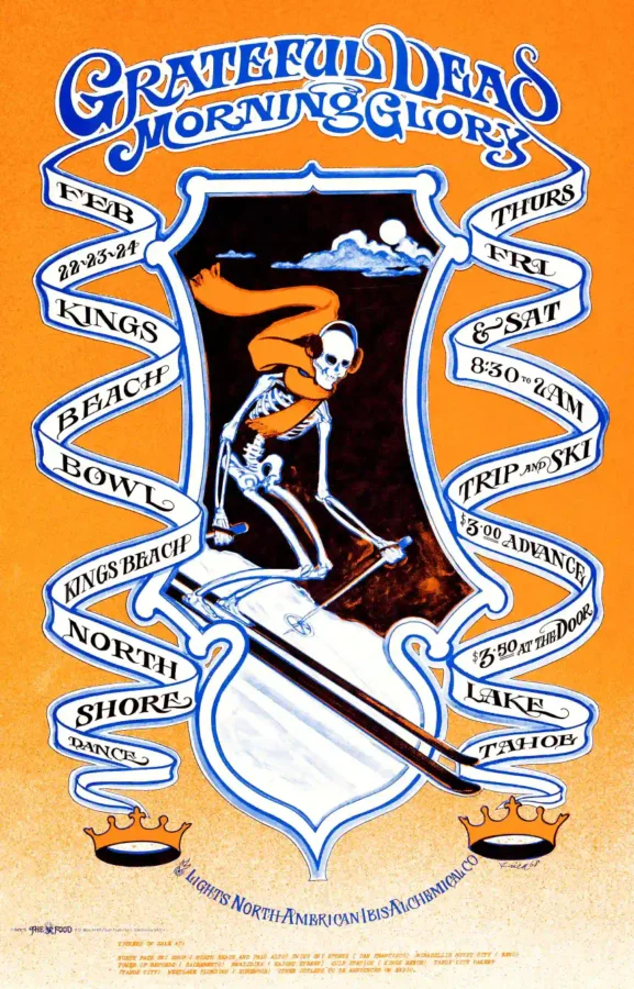 Grateful Dead 1968 Kings Beach, Lake Tahoe Concert Poster featuring orange, white, and blue vertical artwork.