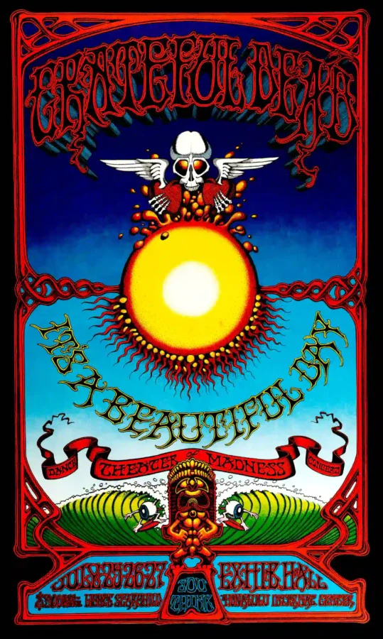 Grateful Dead 1968 Hawaiian Aoxomoxoa Concert Poster featuring black, burgundy, and navy vertical artwork.
