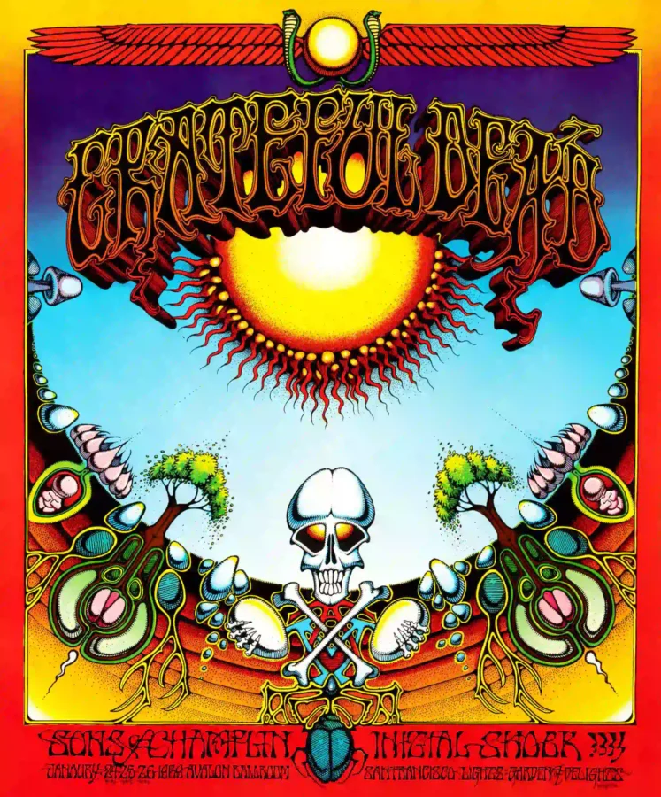 Grateful Dead 1969 "Aoxomoxoa" Avalon Ballroom Concert Poster featuring white, brown, and red vertical artwork.