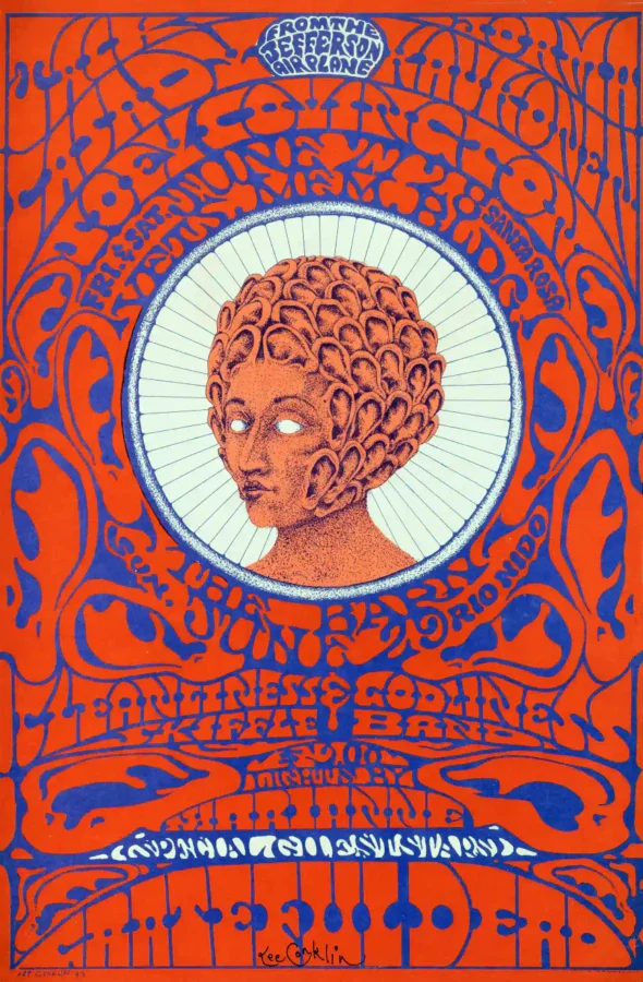 Grateful Dead 1969 "Ear Head" Poster featuring red, green, and purple vertical artwork.