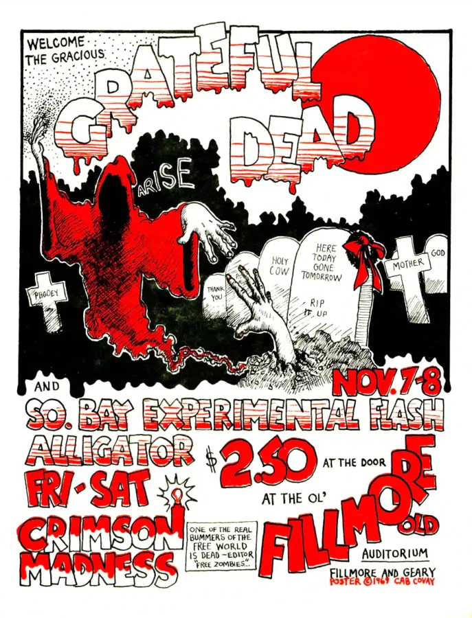 Grateful Dead poster with white, light gray, and black artwork and period lettering.