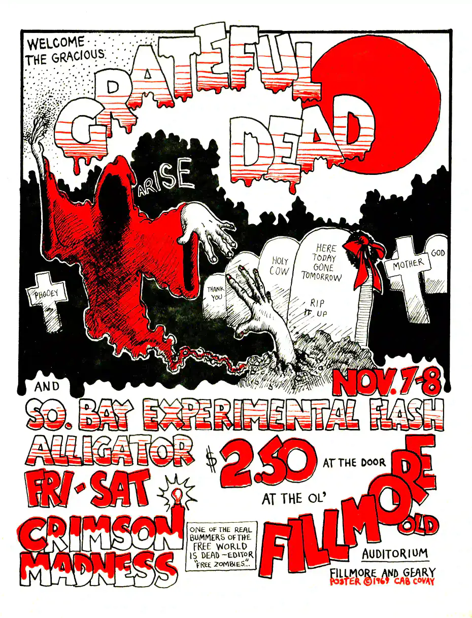 Grateful Dead poster with white, light gray, and black artwork and period lettering.