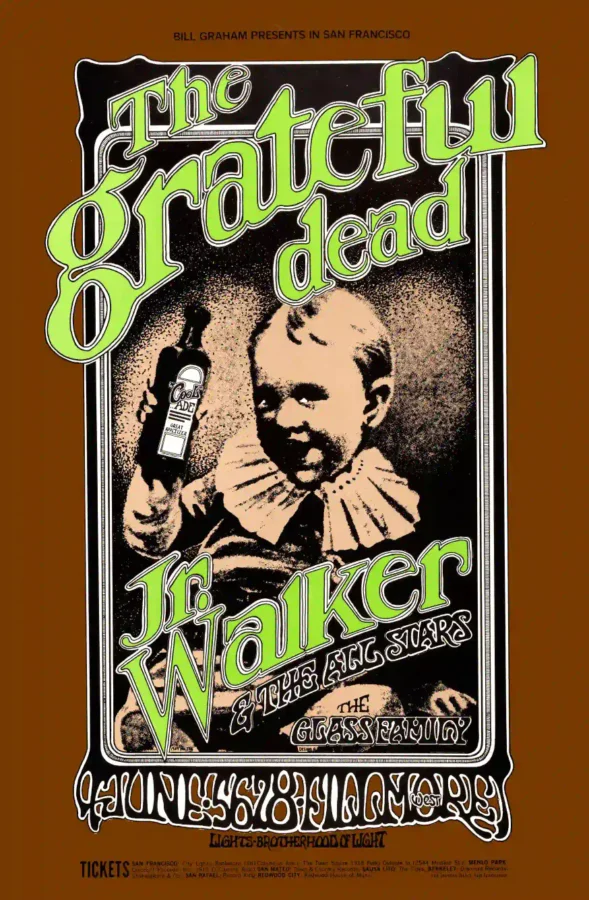Grateful Dead 1969 Fillmore West Concert Poster featuring brown, charcoal, and white vertical artwork.