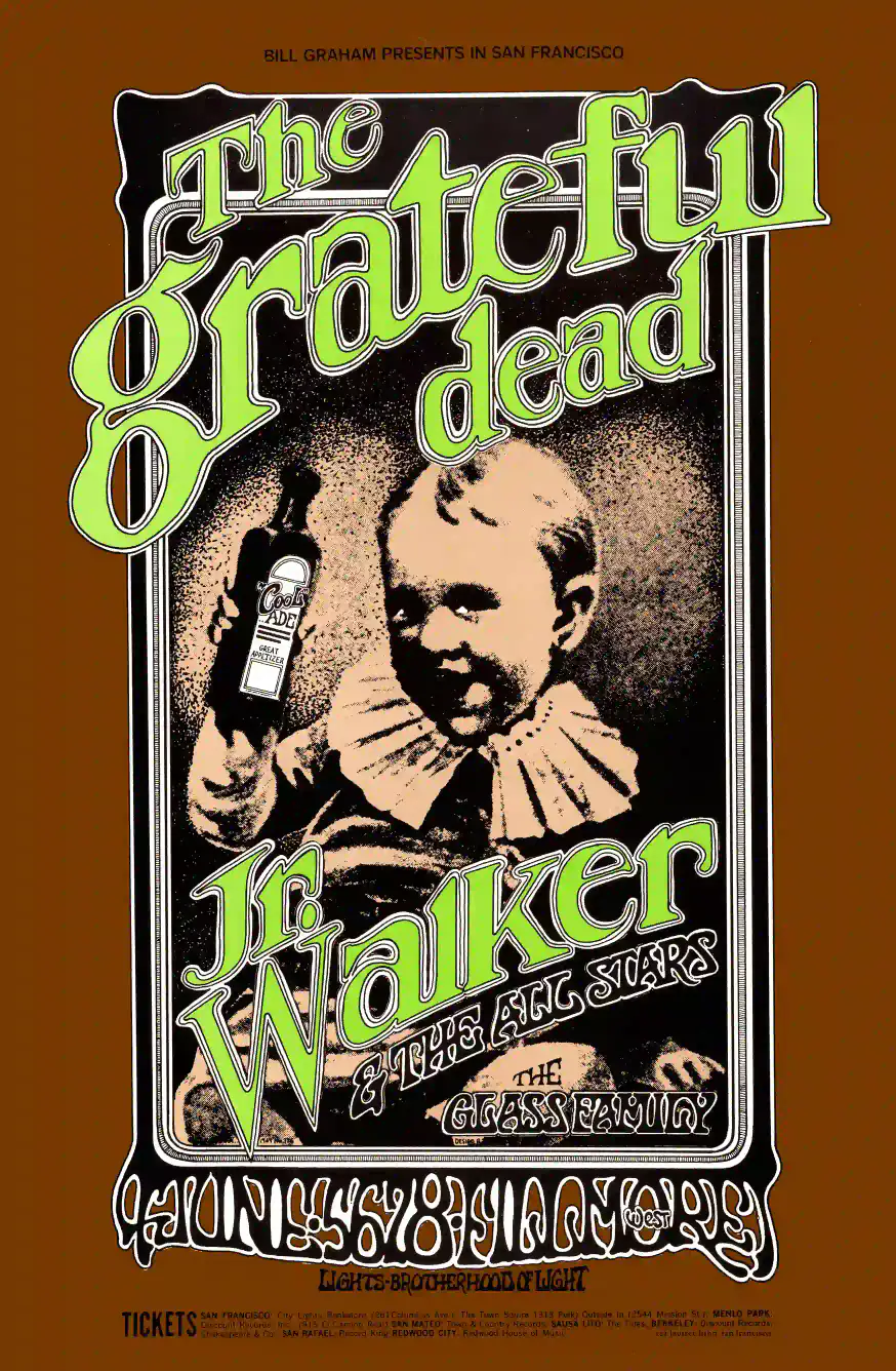 Grateful Dead 1969 Fillmore West Concert Poster featuring brown, charcoal, and white vertical artwork.