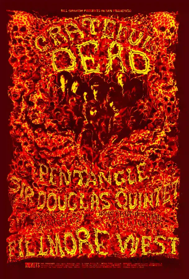 Grateful Dead 1969 Fillmore West Poster featuring burgundy, red, and orange vertical artwork.