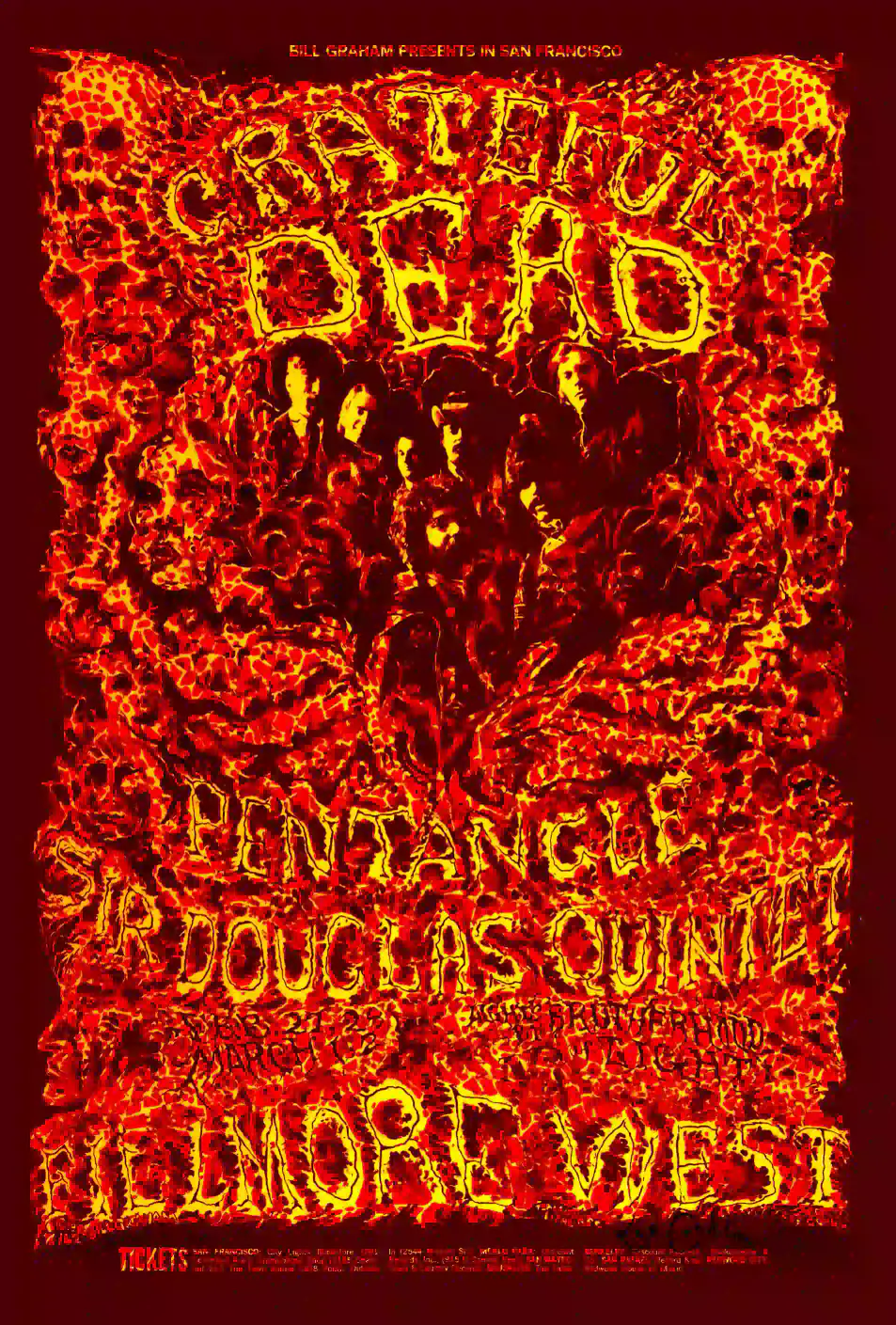 Grateful Dead 1969 Fillmore West Poster featuring burgundy, red, and orange vertical artwork.