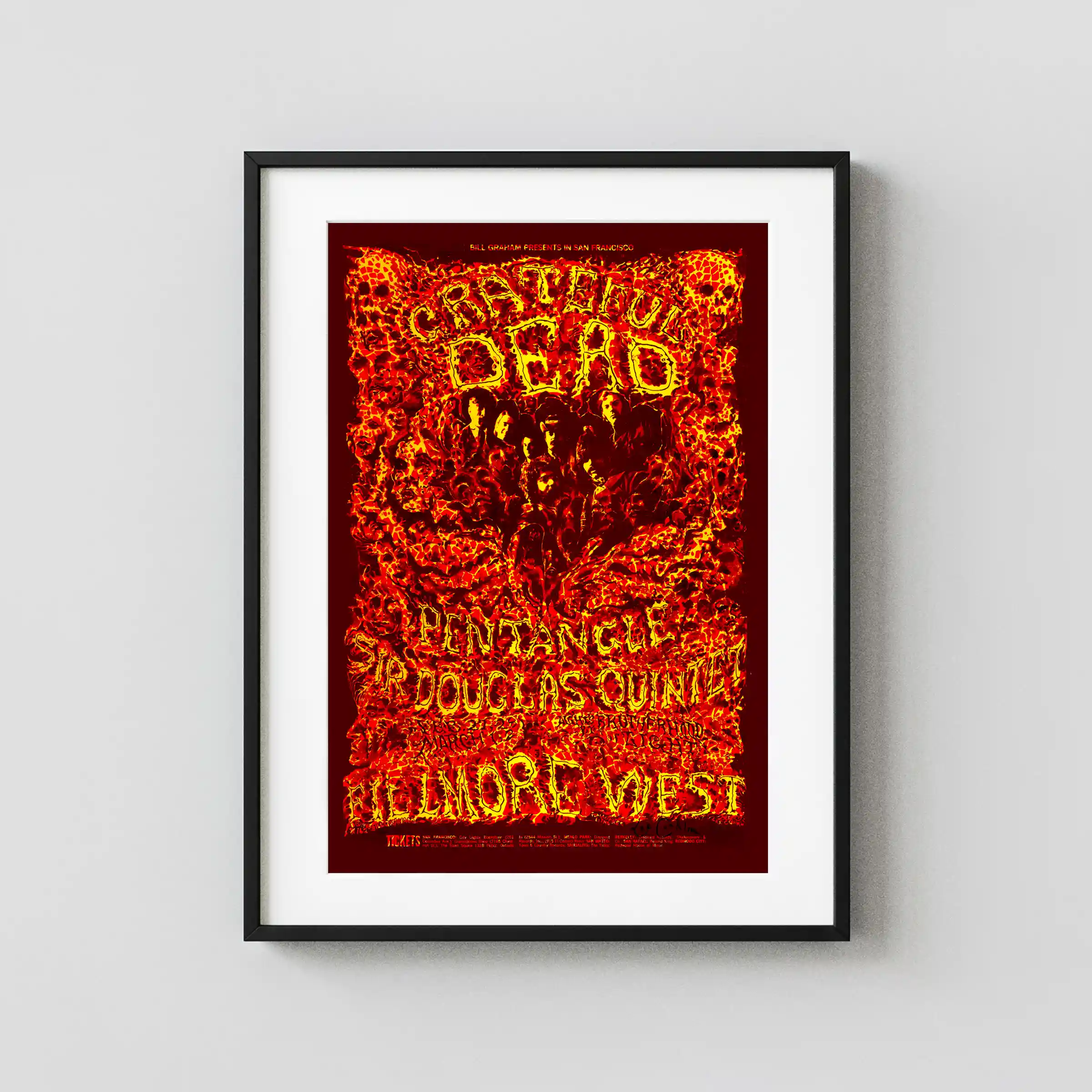 Grateful Dead 1969 Fillmore West Poster featuring burgundy, red, and orange vertical artwork.