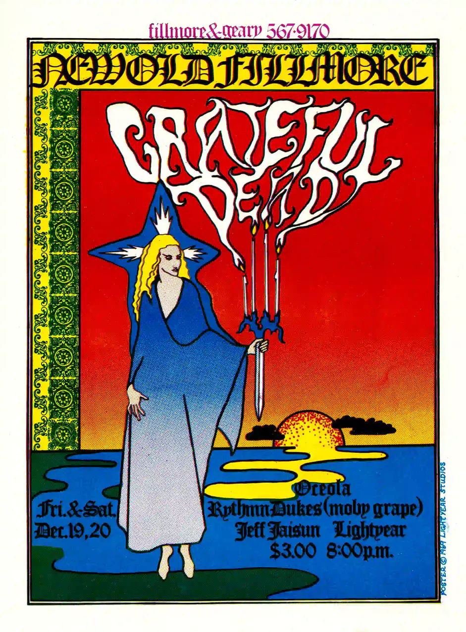Grateful Dead 1969 San Francisco New, Old Fillmore Handbill Music Poster featuring white, red, and blue vertical artwork.