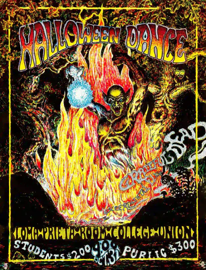 Grateful Dead 1969 San Jose State Halloween Dance Concert Poster featuring black, brown, and white vertical artwork.