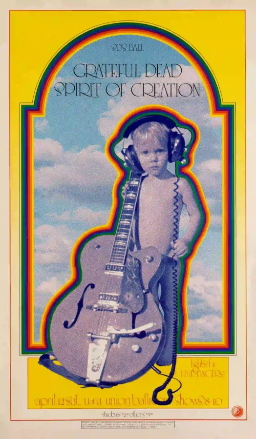 Grateful Dead 1969 University of Utah "SDS Ball" Concert Poster featuring magenta, yellow, and rose vertical artwork.