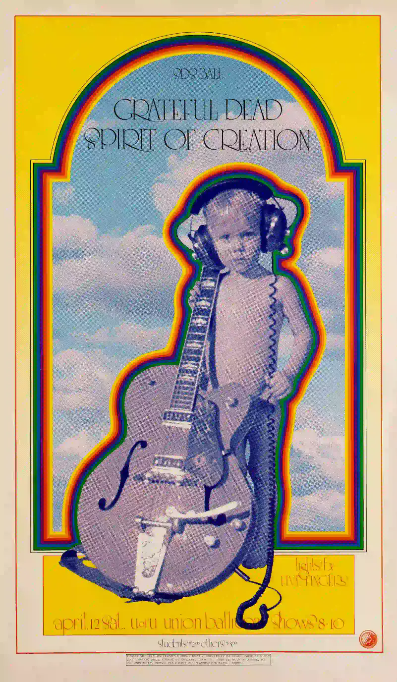 Grateful Dead 1969 University of Utah "SDS Ball" Concert Poster featuring magenta, yellow, and rose vertical artwork.