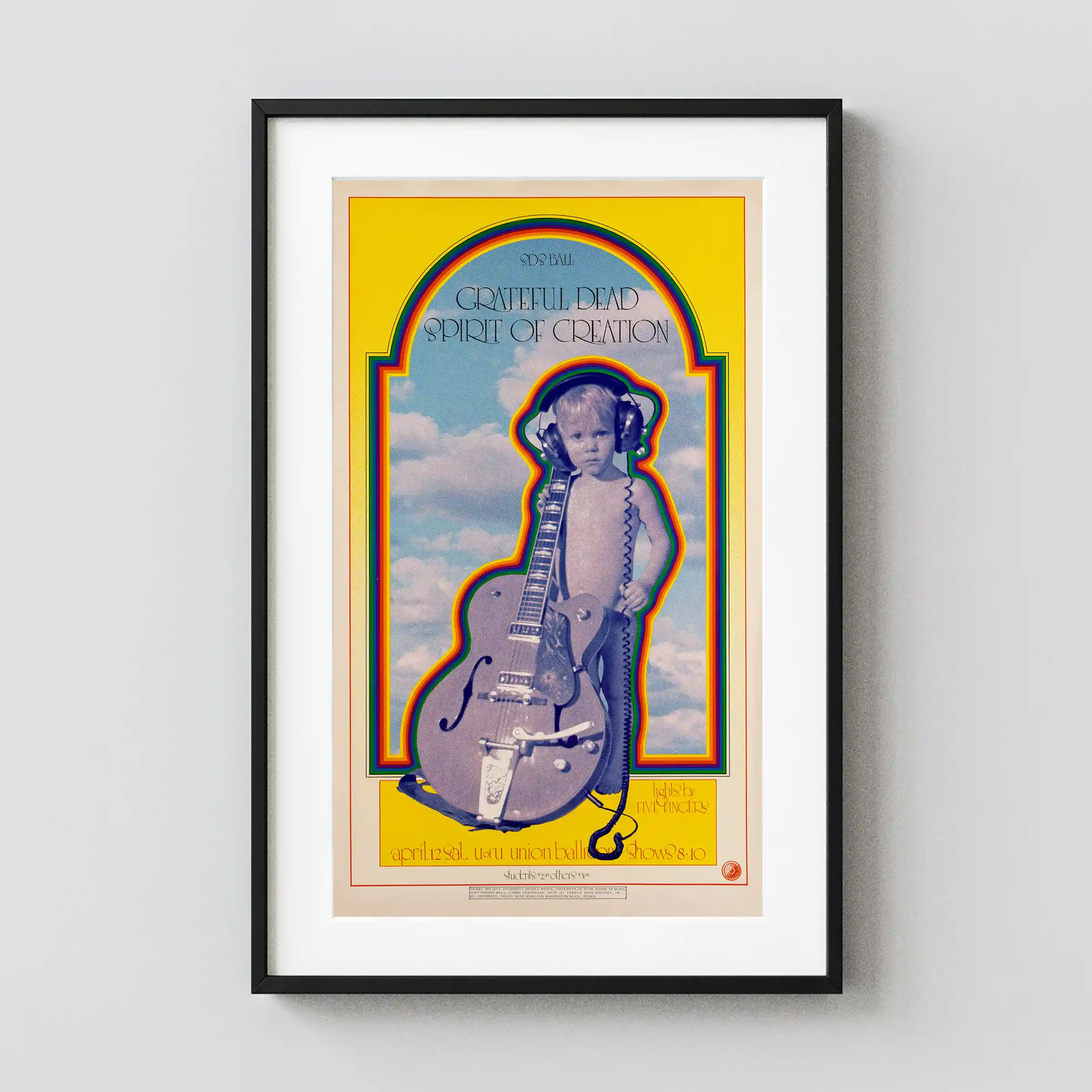 Grateful Dead 1969 University of Utah "SDS Ball" Concert Poster featuring magenta, yellow, and rose vertical artwork.