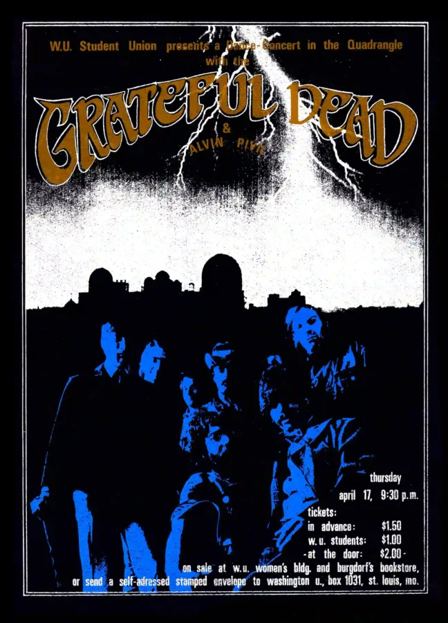 Grateful Dead 1969 Washington University, St. Louis Concert Poster featuring black, white, and charcoal vertical artwork.