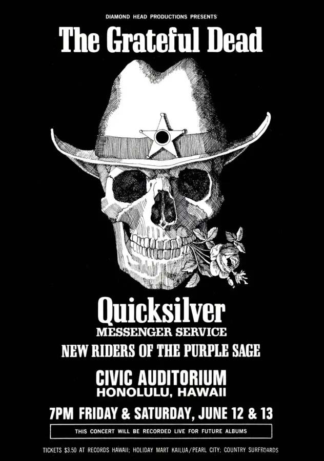 Grateful Dead poster with black, white, and charcoal artwork and period lettering.