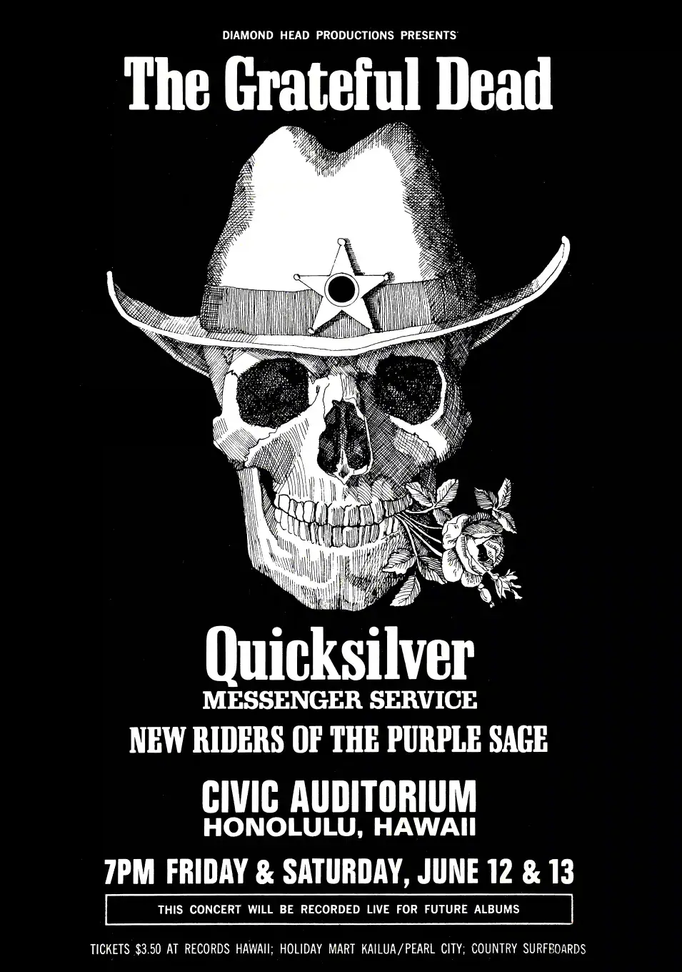 Grateful Dead poster with black, white, and charcoal artwork and period lettering.