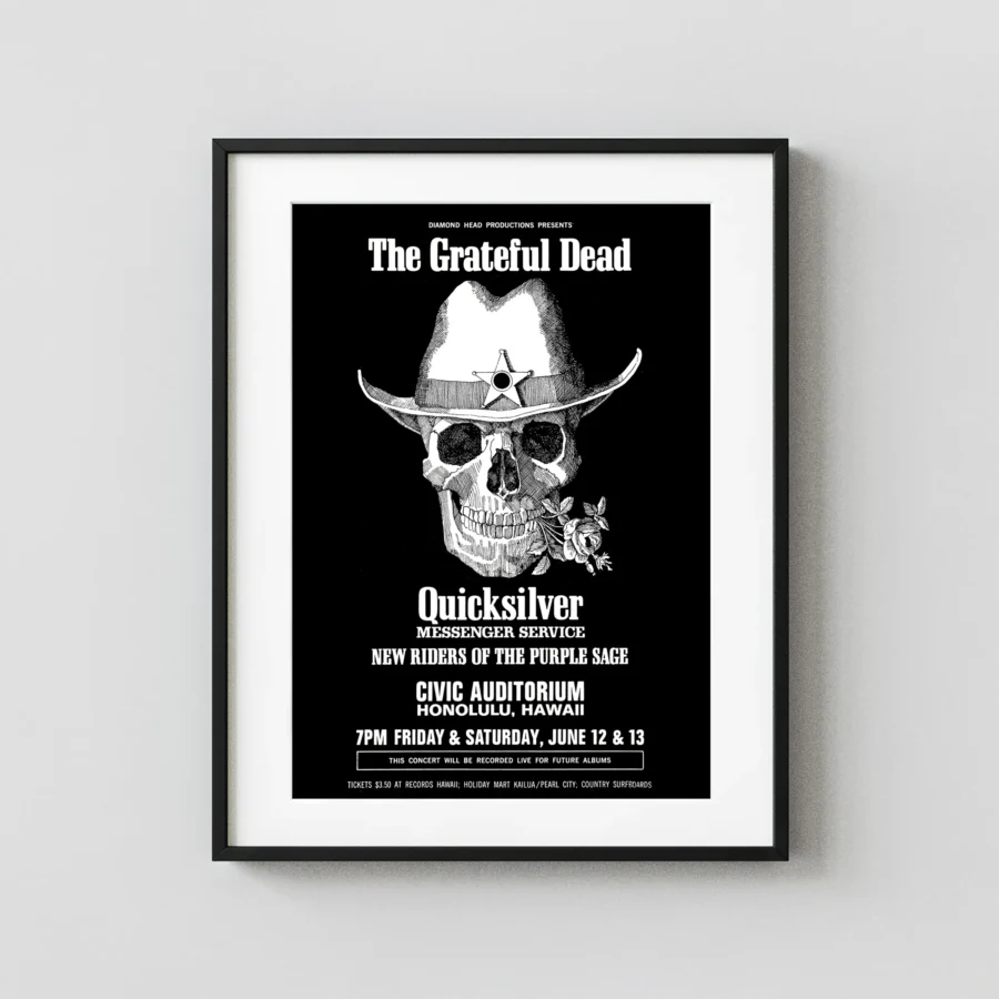 Grateful Dead poster with black, white, and charcoal artwork and period lettering.