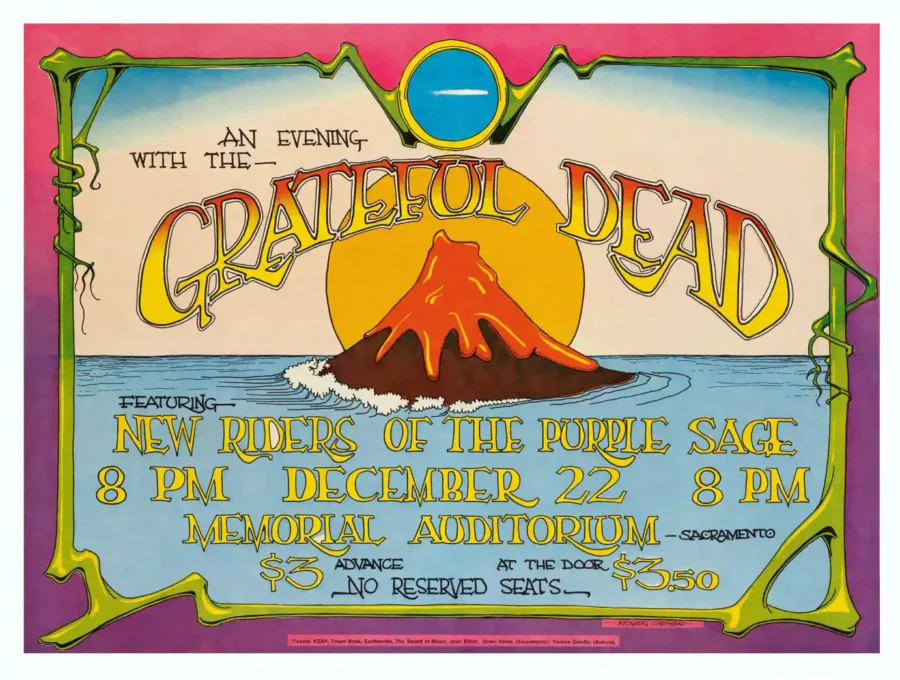Grateful Dead 1970 Sacramento, CA "Volcano" Concert Poster featuring white, gray, and black vertical artwork.