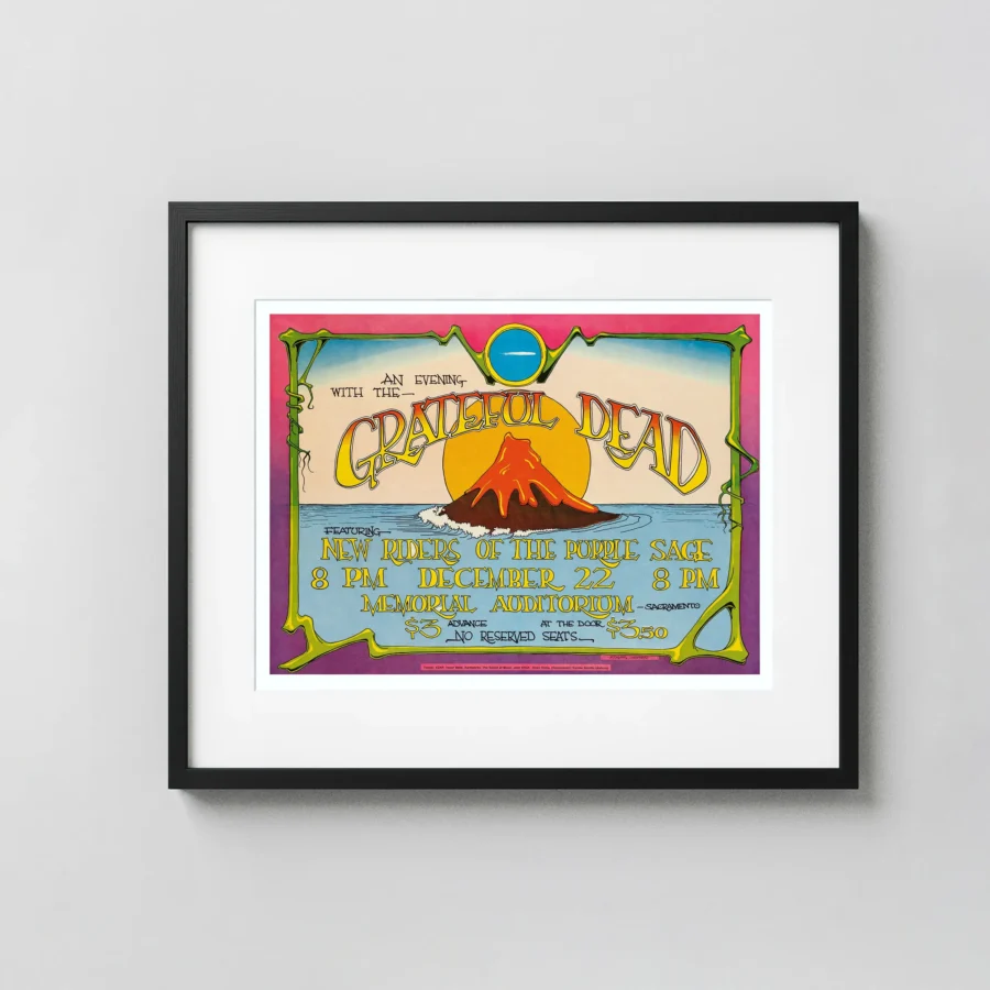Grateful Dead 1970 Sacramento, CA "Volcano" Concert Poster featuring white, gray, and black vertical artwork.