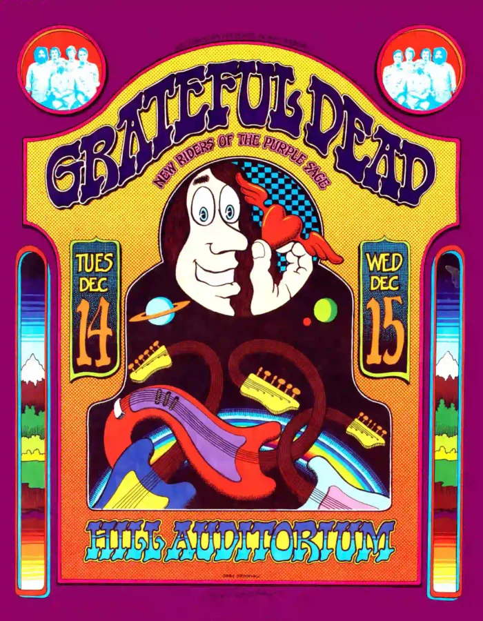 Grateful Dead 1971 Ann Arbor, MI Concert Poster featuring magenta, white, and yellow vertical artwork.