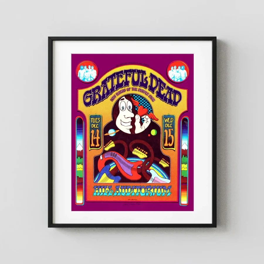Grateful Dead 1971 Ann Arbor, MI Concert Poster featuring magenta, white, and yellow vertical artwork.