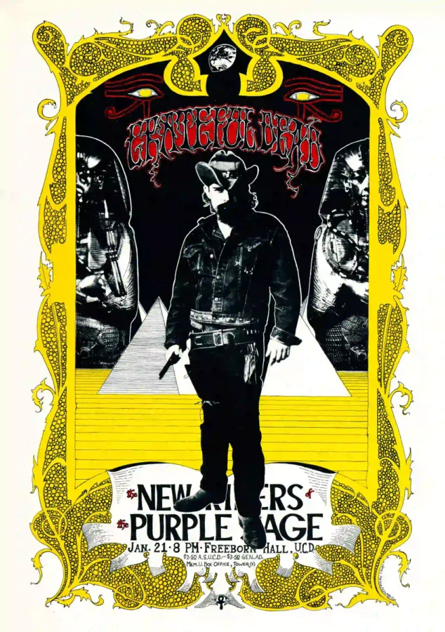 Grateful Dead 1971 Davis, CA College-Campus Concert Poster featuring white, black, and yellow vertical artwork.