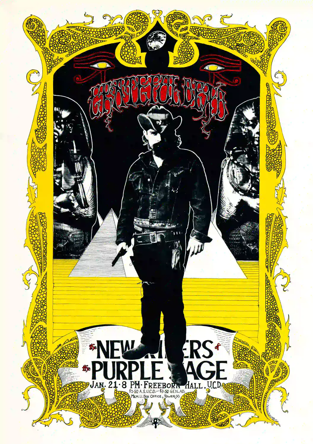 Grateful Dead 1971 Davis, CA College-Campus Concert Poster featuring white, black, and yellow vertical artwork.