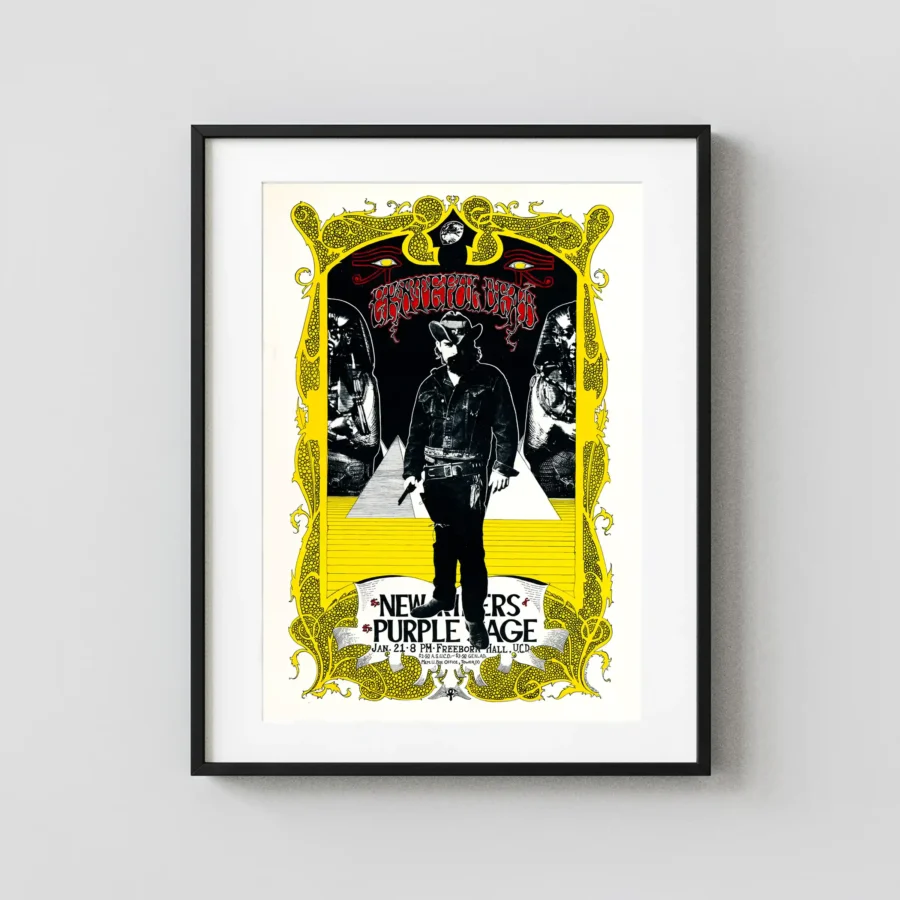 Grateful Dead 1971 Davis, CA College-Campus Concert Poster featuring white, black, and yellow vertical artwork.