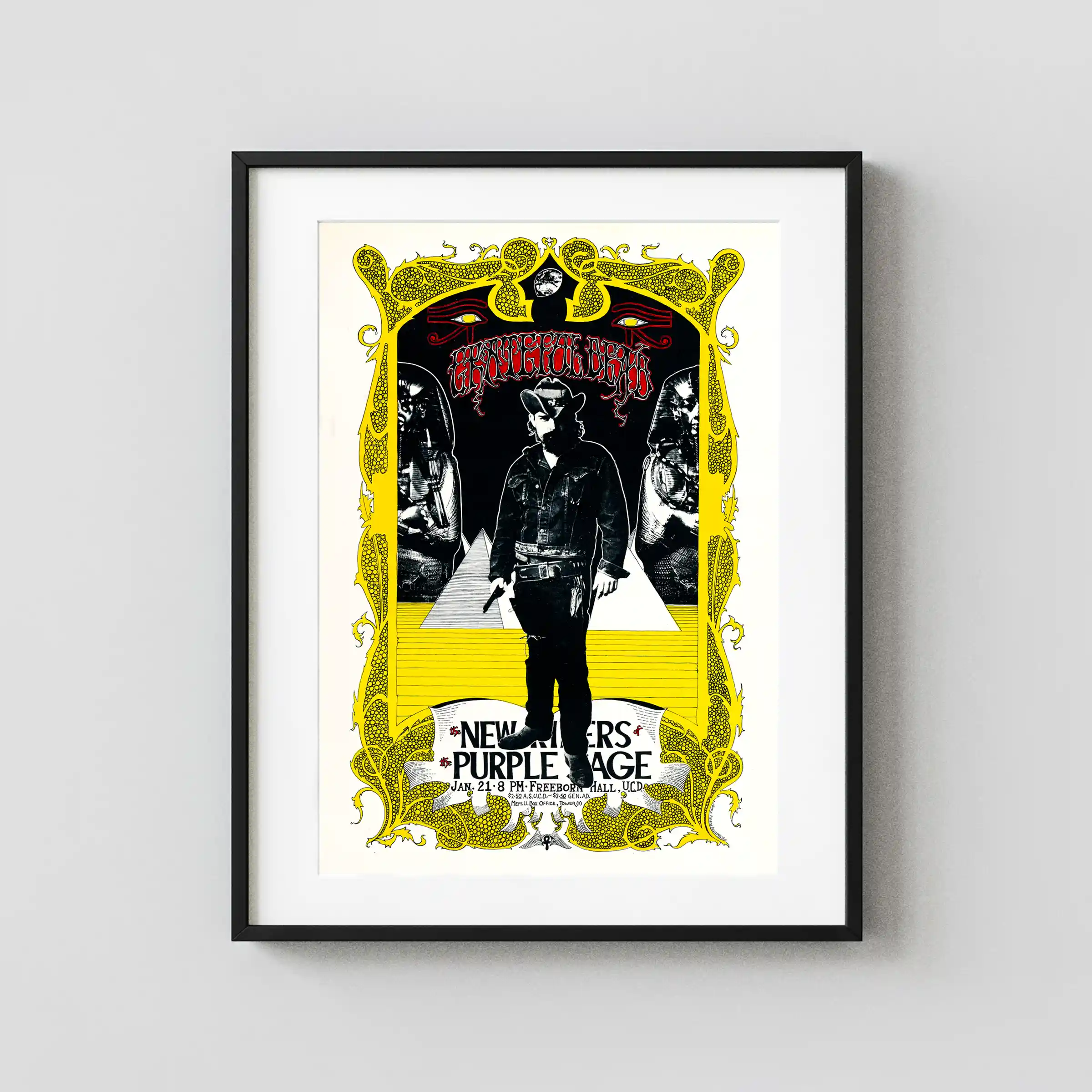 Grateful Dead 1971 Davis, CA College-Campus Concert Poster featuring white, black, and yellow vertical artwork.
