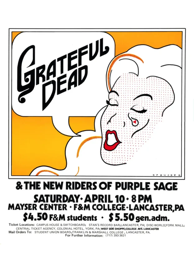 Grateful Dead 1971 Lancaster, PA Concert Poster featuring white, light gray, and slate gray vertical artwork.