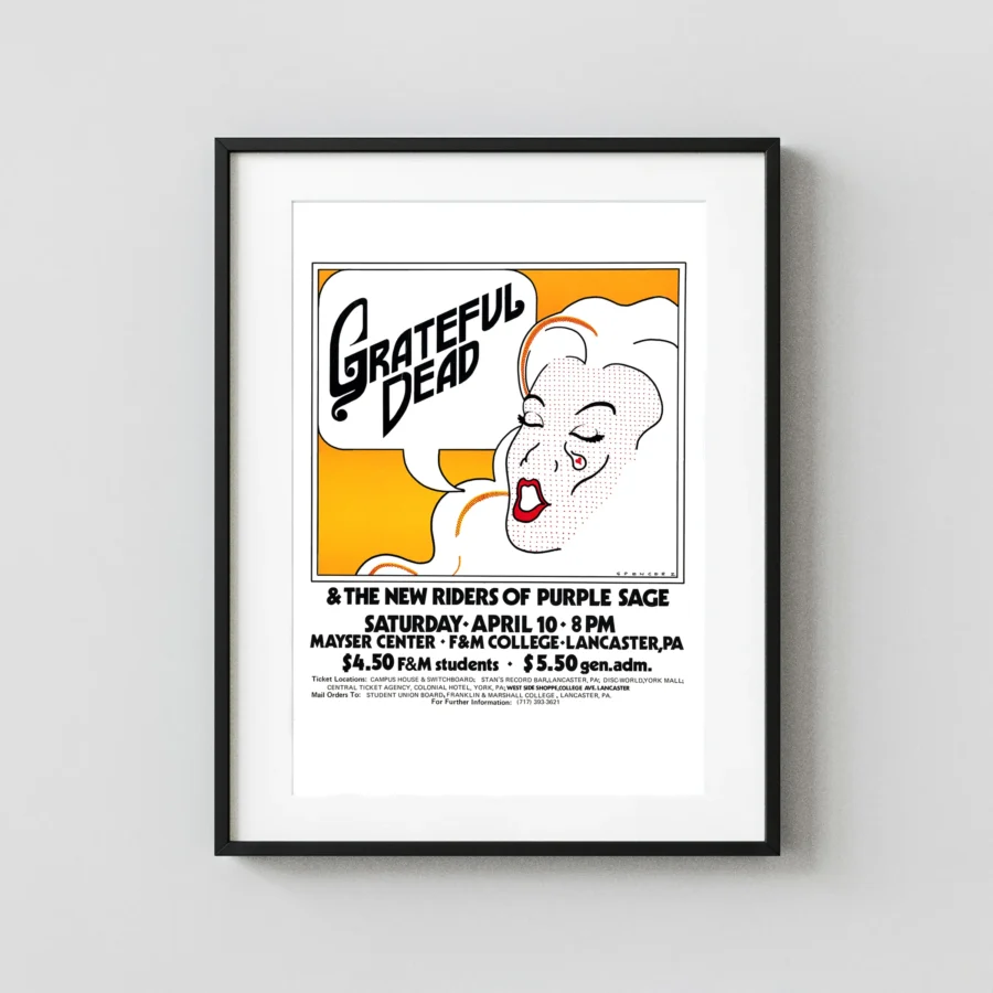 Grateful Dead 1971 Lancaster, PA Concert Poster featuring white, light gray, and slate gray vertical artwork.