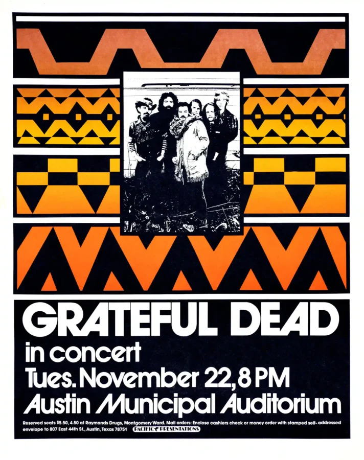 Grateful Dead 1972 Austin, TX Concert Poster featuring white, black, and gray vertical artwork.