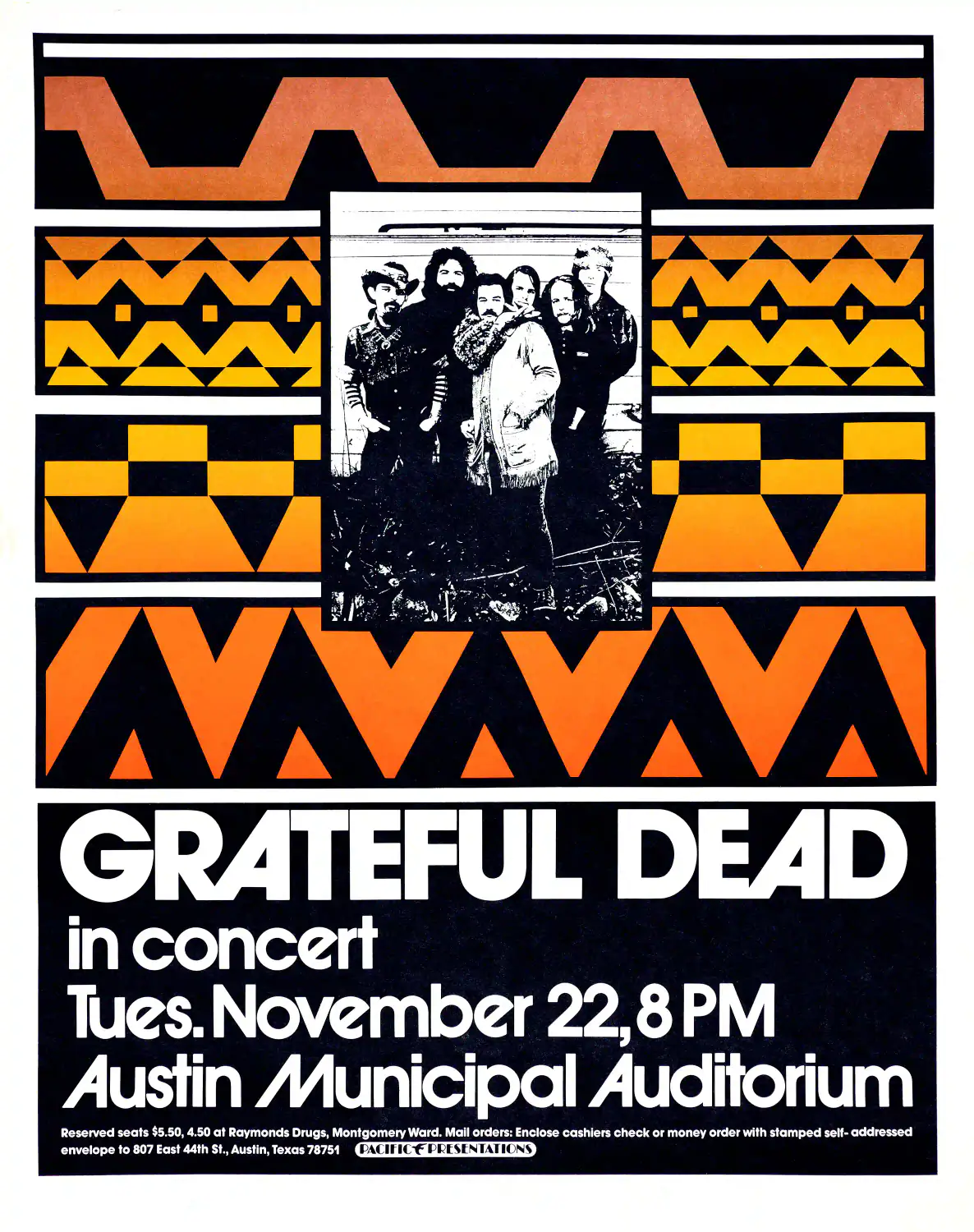 Grateful Dead 1972 Austin, TX Concert Poster featuring white, black, and gray vertical artwork.