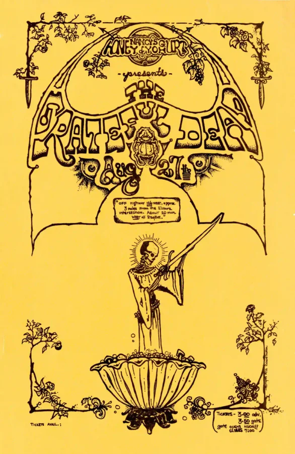 Grateful Dead 1972 Veneta, OR "Nancy's Honey Yoghurt" Concert Poster featuring yellow, white, and orange vertical artwork.