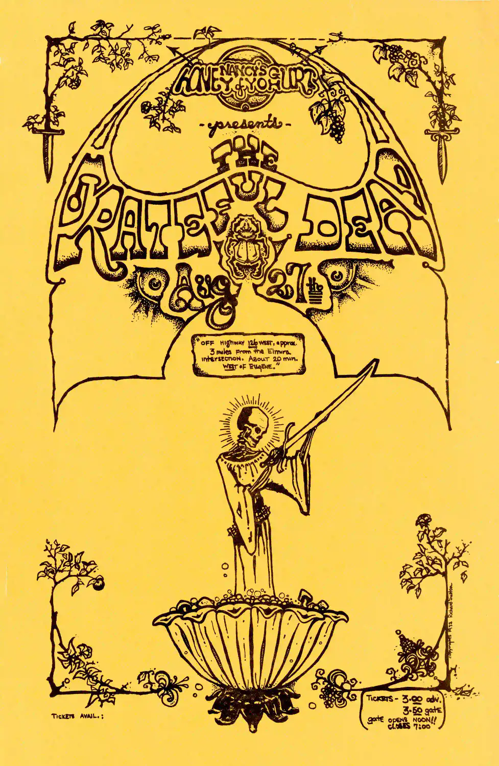 Grateful Dead 1972 Veneta, OR "Nancy's Honey Yoghurt" Concert Poster featuring yellow, white, and orange vertical artwork.